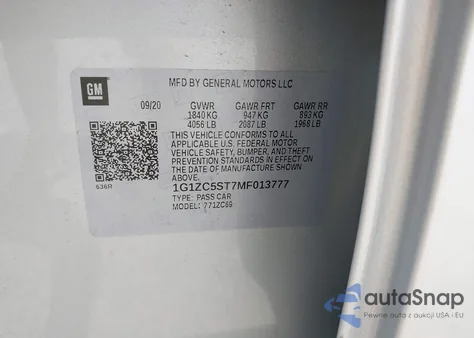 2021 Chevrolet Malibu Fwd 1Fl z USA, uszkodzony, nr VIN 1G1ZC5ST7MF013777